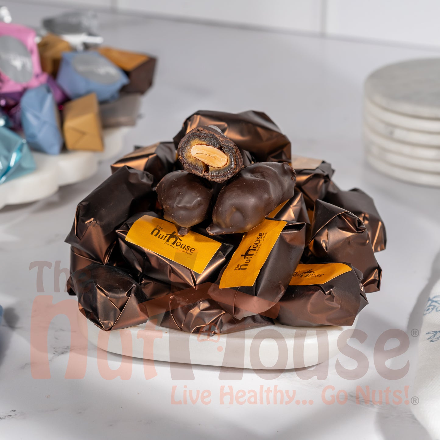 Dark chocolate Covered almond stuffed dates