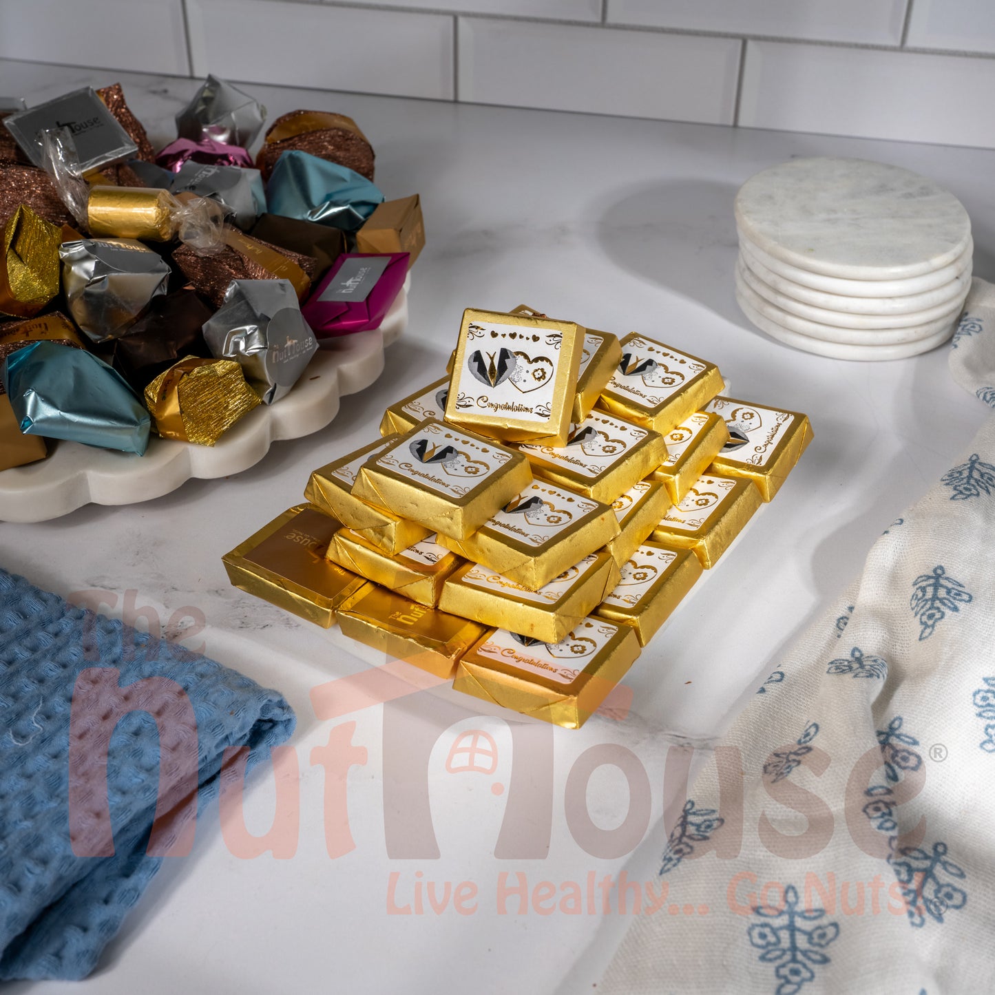 Gold Engagement, Wedding, Anniversary Chocolate with crushed nuts